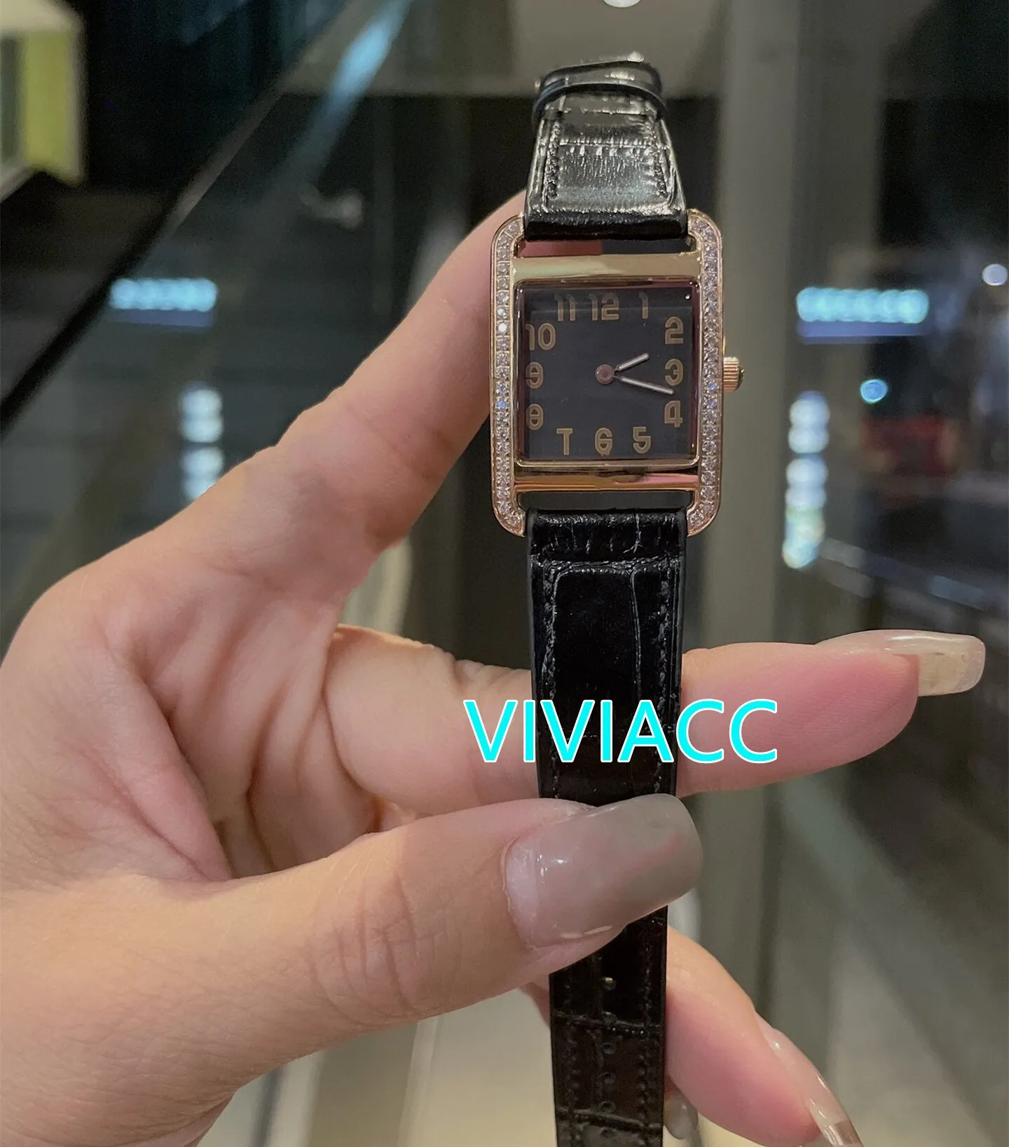 Nouvelles montres rectangulaires géométriques mode femmes or Rose cristal diamant montres femme en cuir véritable chiffres horloge 23mm