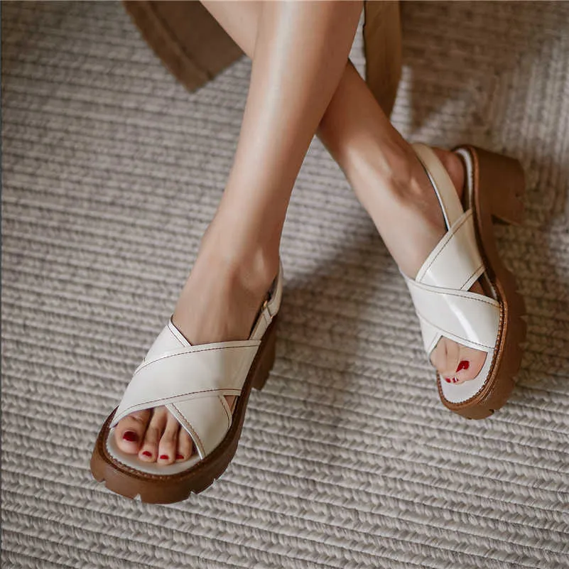 Sandalias Meotina, zapatos de mujer, sandalias de cuero genuino, zapatos de tacón alto con punta cuadrada, calzado de piel de oveja de tacón grueso para mujer, calzado de verano blanco 210608