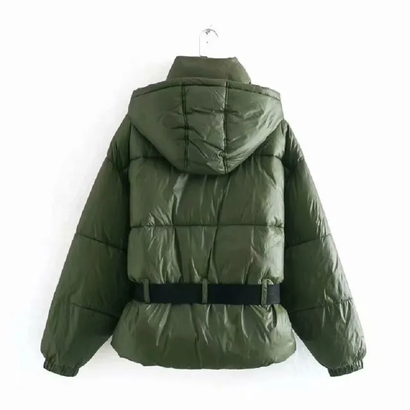 ビンテージシックベルト防水フード付きジャケット冬のファッション女性パーカーエレガントな女性ポケット厚い暖かい綿パッドドコート210520