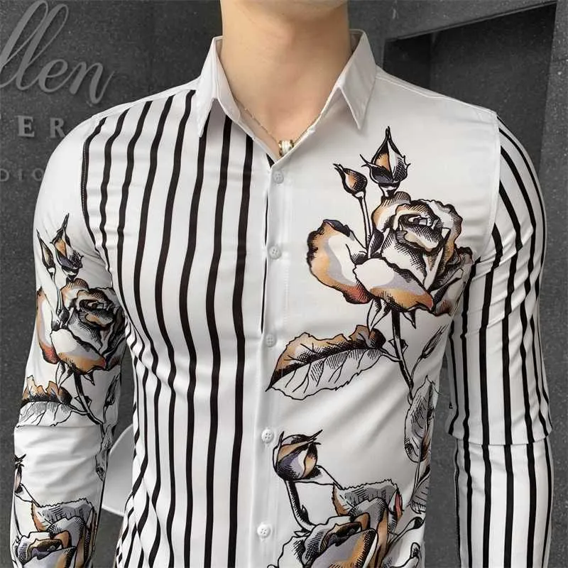 Осень мужчин полосатые рубашки Slim Fit Streetwear Повседневная рубашка с длинным рукавом Флористическая рубашка Camisa Masculina Бизнес социальная мужская одежда 210527