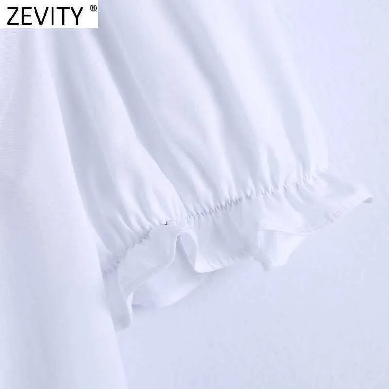 Zevity Women Sweet Agaric Lace Ruffles White Poplin Short Smock Blouse Office Lady Puff Sleeve Shirt Chic Blusas Tops LS9353 210603