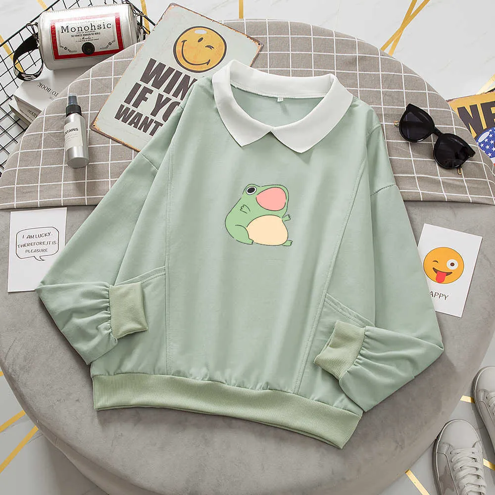 Żaba Szybka Grafika Estetyczna Odzież Oversize Harajuku Bawełniane Pulower Feminino Bluzy Z Kieszeniami Kawaii Kapturem Dla Dziewczyn 210816