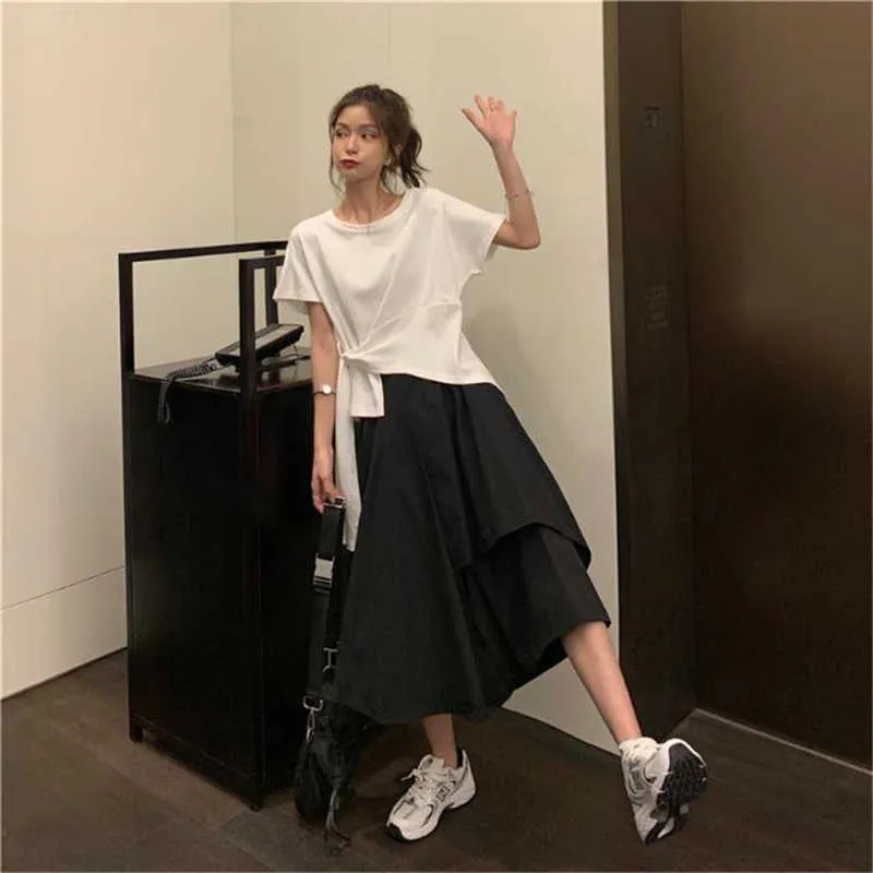 Autumn Vintage White Black Long kjolar harajuku lotus blad oregelbunden midi kjol koreansk kvinnlig punk faldas mujer streetwear 210619