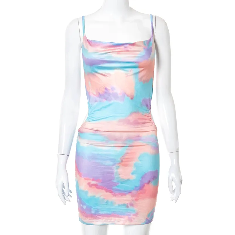 Tie Dye Impreso Verano Bodycon Mini Vestido Mujeres Wrap Hip Backless Party Club Sexy Sin Mangas Cumpleaños Y2K Ropa 210517