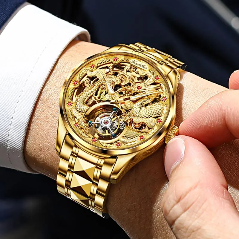 Luxury Gold Dragon Automatyczne zegarek dla mężczyzn Mechaniczne Tourbillon Sapphire Waterproof Top Brand WristWatch Transparent WristWatches2867