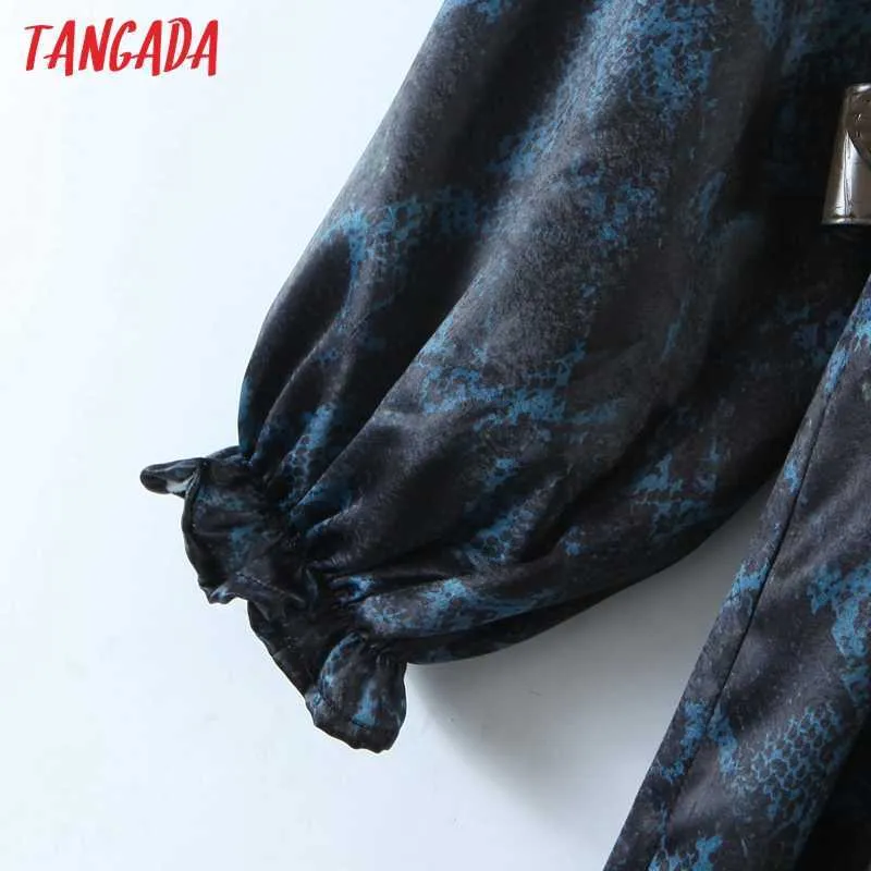 Tangada Printemps Mode Femmes Bleu Serpent Imprimer Vintage Robe À Manches Longues Bureau Dames Robe Midi Avec Ceinture SL176 210609