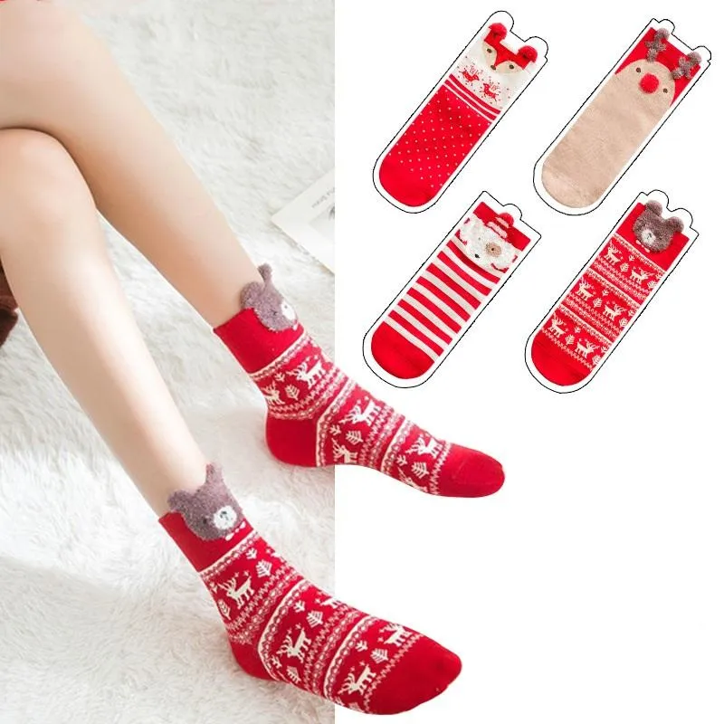 Chaussettes de Noël femmes dessin animé dessin animé santa modèle motif de coton chaud tube moyen coloré stockage de Noël