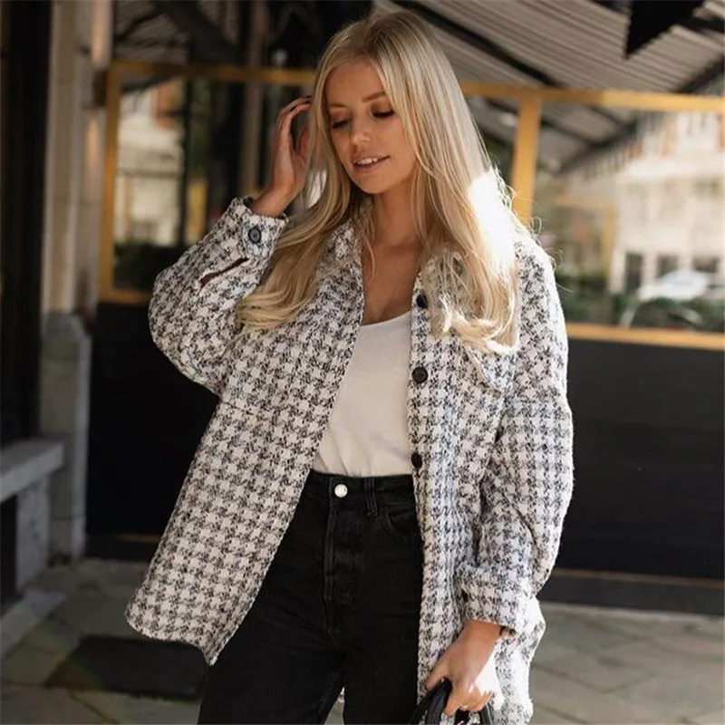 BLSQR Stylish Oversized Tweed Plaid Jacket Coat Women Fashion Long Sleeve Pockets Outerwear Coats Asymmetrical Chic Tops 210430