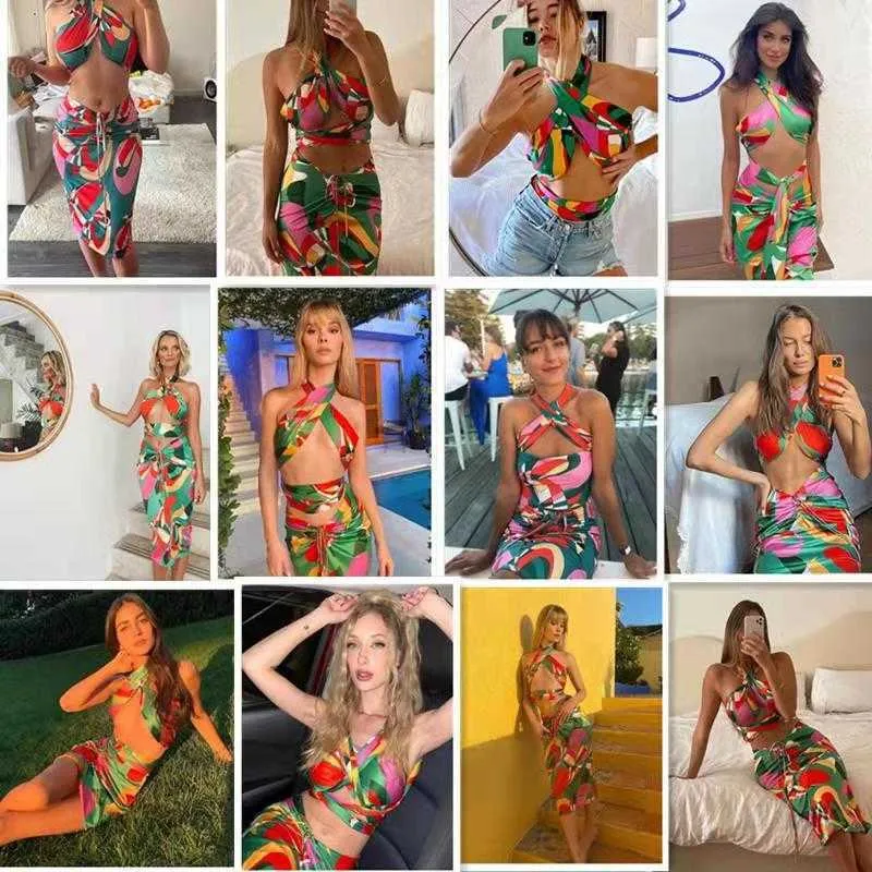 Survêtements de mode d'été femmes sexy club femme imprimer deux pièces ensemble hauts + jupes longues slim slim bodycon costumes décontractés femmes 210730