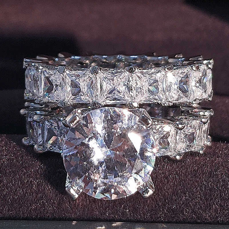 Luxo Real 925 Sterling Prata Oval Princesa Corte Anel de Casamento Set para Mulheres Banda de Noivado Eternidade Jóias Zircônia R4975 P0818