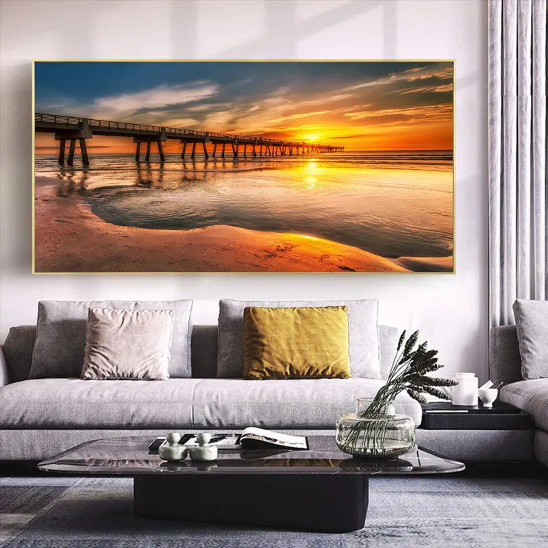 シービーチブリッジのポスターとプリントランドスケープ写真キャンバスペインティングHD写真家の装飾リビングルームの壁アートサンセット6517213