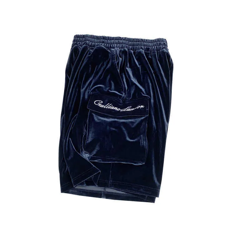 Heren shorts zelfgemaakte 20SS zilver geborduurde blauwe fluwelen shorts grote pocket losse capri -broek