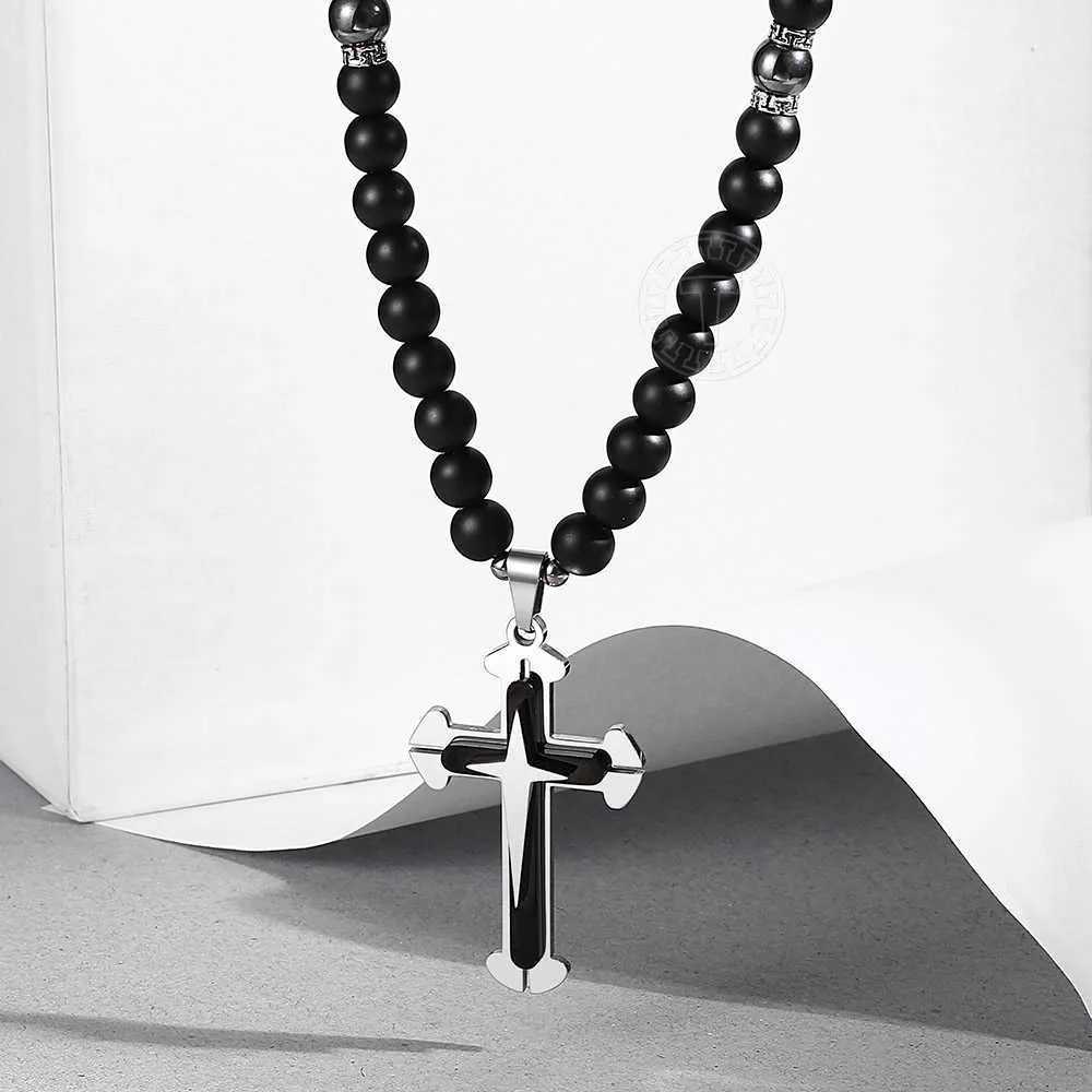 Trendsmax perles de verre mat longue chaîne collier pour hommes croix noire Crucifix pendentif bijoux religieux DN122 210721