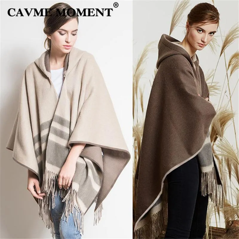 Écharpes CAVME Poncho de laine à capuche avec des glands pour femmes dames châles en couleur café beige hiver chaud 100% laine rayée enveloppes 330g