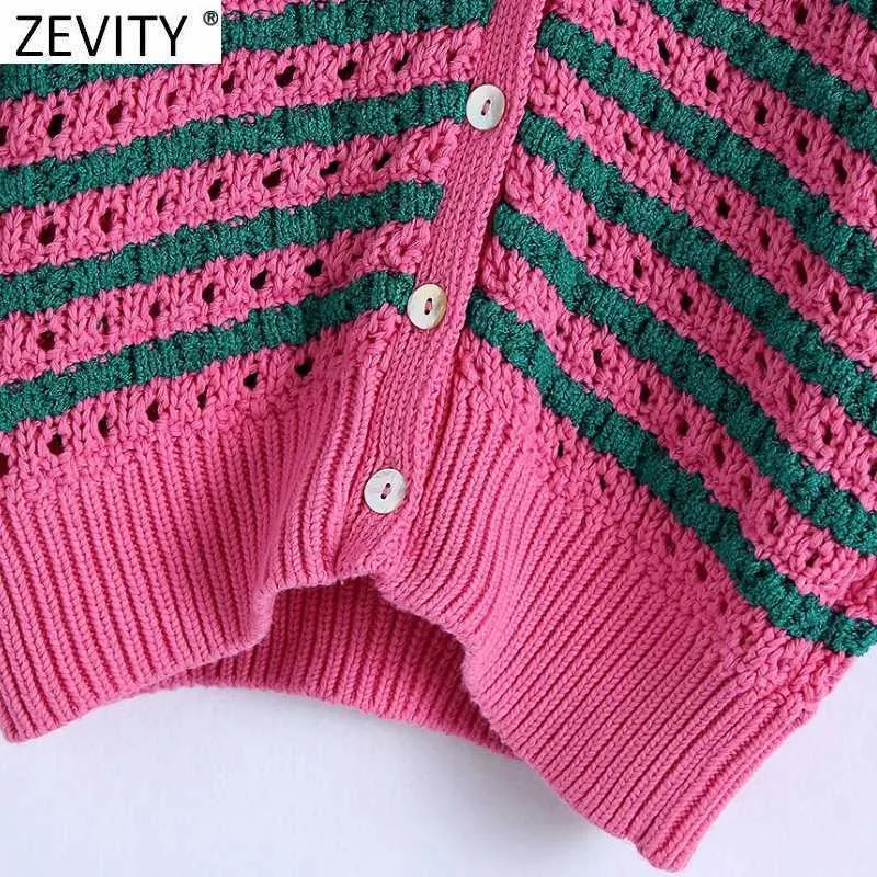 Zevity Women Fashion V Neck Color Matching Striped Print Hollow Out Crochet Stickad Sweater Kvinna Chic Cardigans Tops SW801 211007