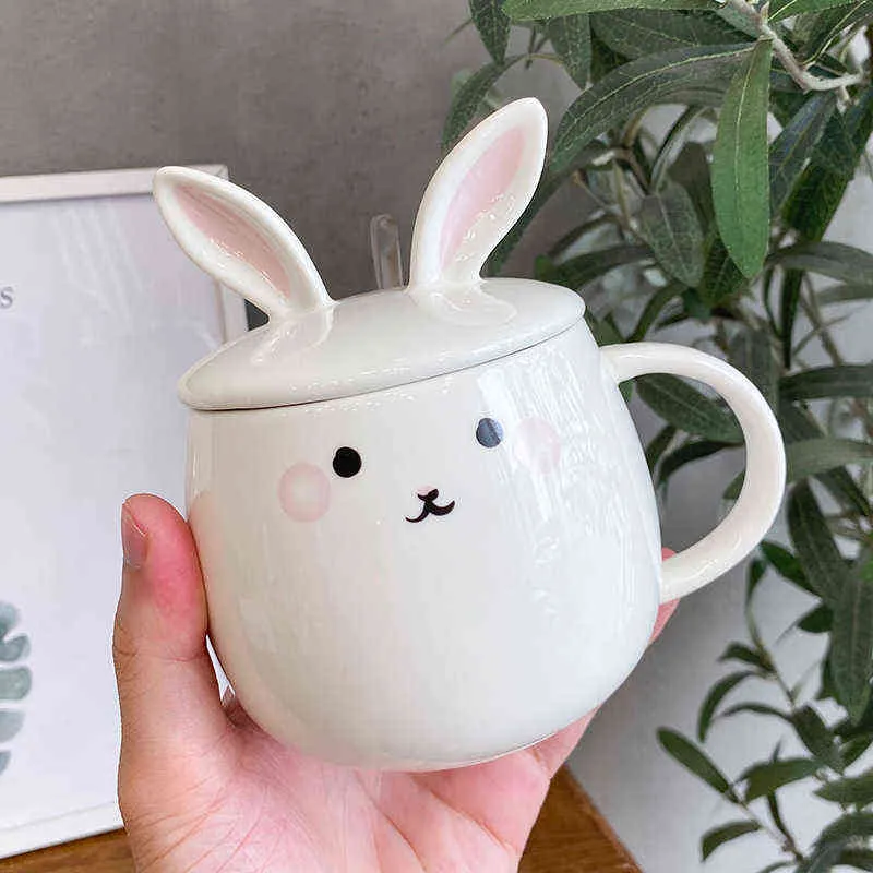 Керамическая чашка с мультяшным кроликом и ложкой для кофе, чашка для завтрака, кружка, милая студенческая пара, чашка с крышкой и ложкой G1126204N