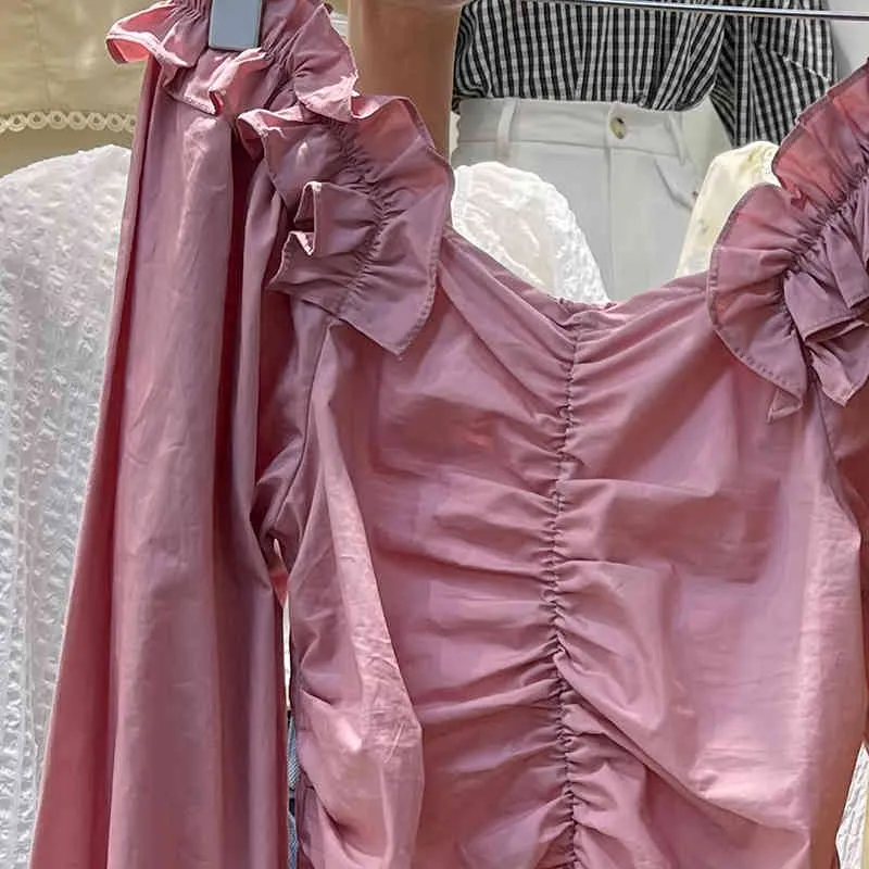 コロバフの夏の新しいサルサ首の女性ブラウスヴィンテージ固体パフスリーブ甘い女性のシャツオフィスの女性正方形カラーBlusas 210430
