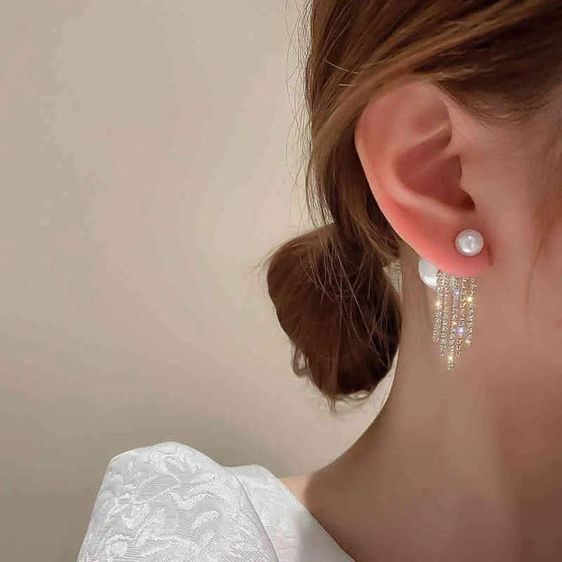 925 Silber Nadel Koreanische East Gate Persönlichkeit Zwei Tragen Süßwasser Perle Eingelegte Diamant Quaste Ohrringe