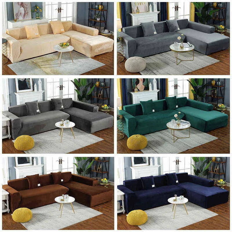 1/2/3/4/4 posa Seater Sofà di divano in velluto Cover Copertura braccioli elastici soggiorno L Forma Stretch angolo Couch Slipcover 211116