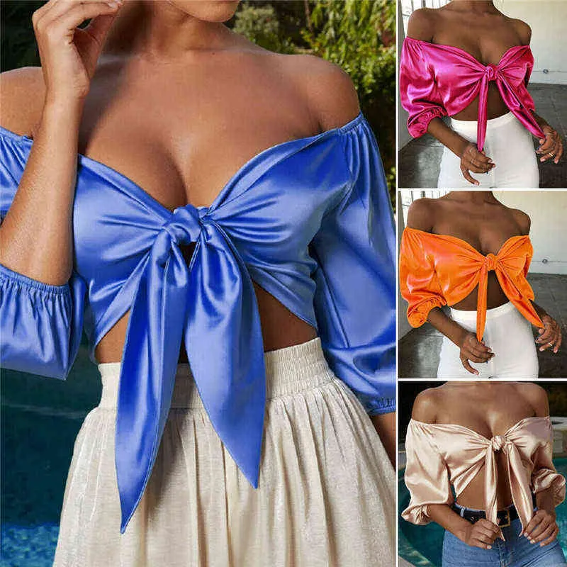 Women Off Shoulder Satin Silk Blouses Bandage Bowknot Shirts Long Sleeve Crop Top Lantern Sleeve Summer Tops One Size H1230