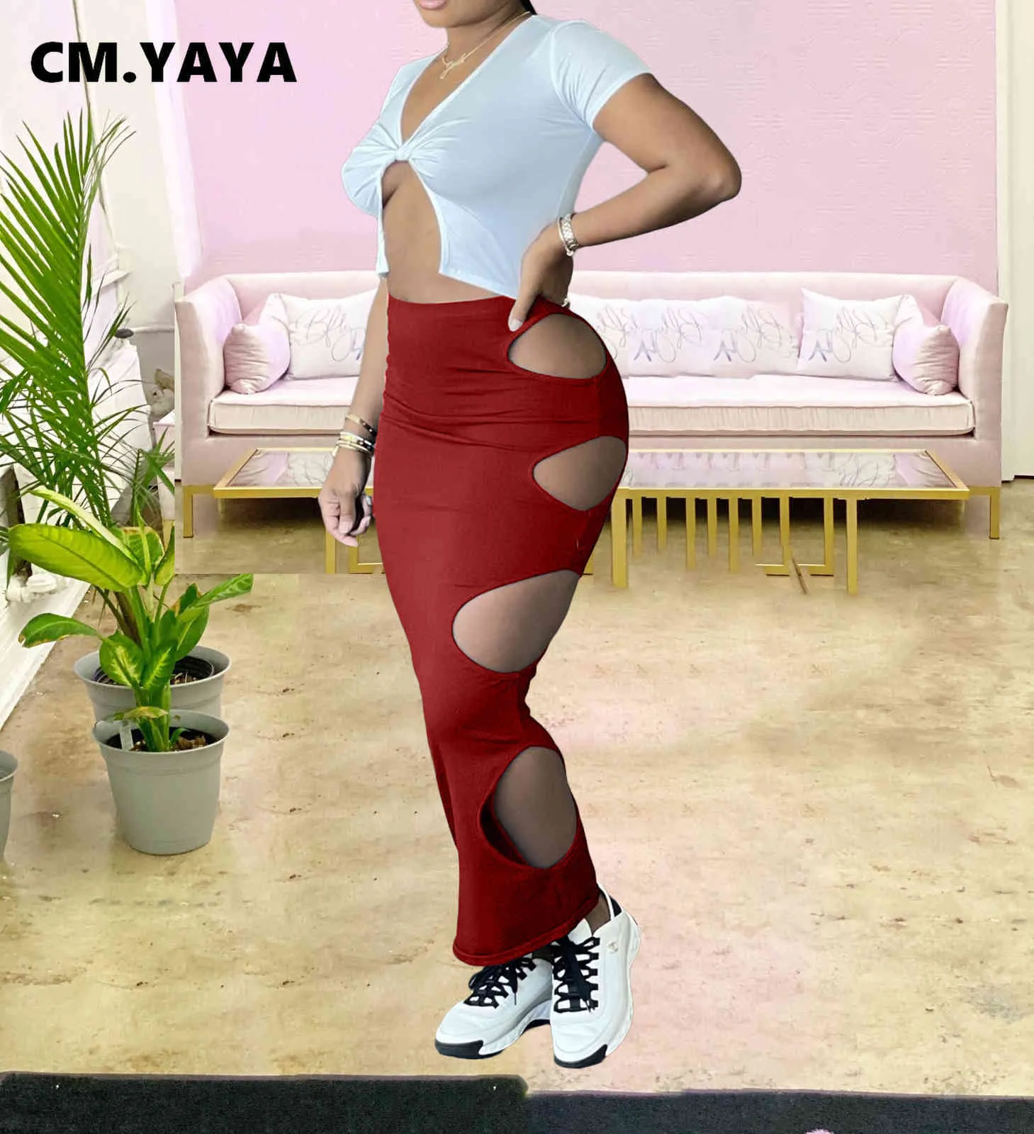 Cm.yaya 2021 Summer Women Cut Out Sexig Maxi Midi Skirt Sexig strand Streetwear High Waist Bodycon Pencil Long Kjolar Street X0428