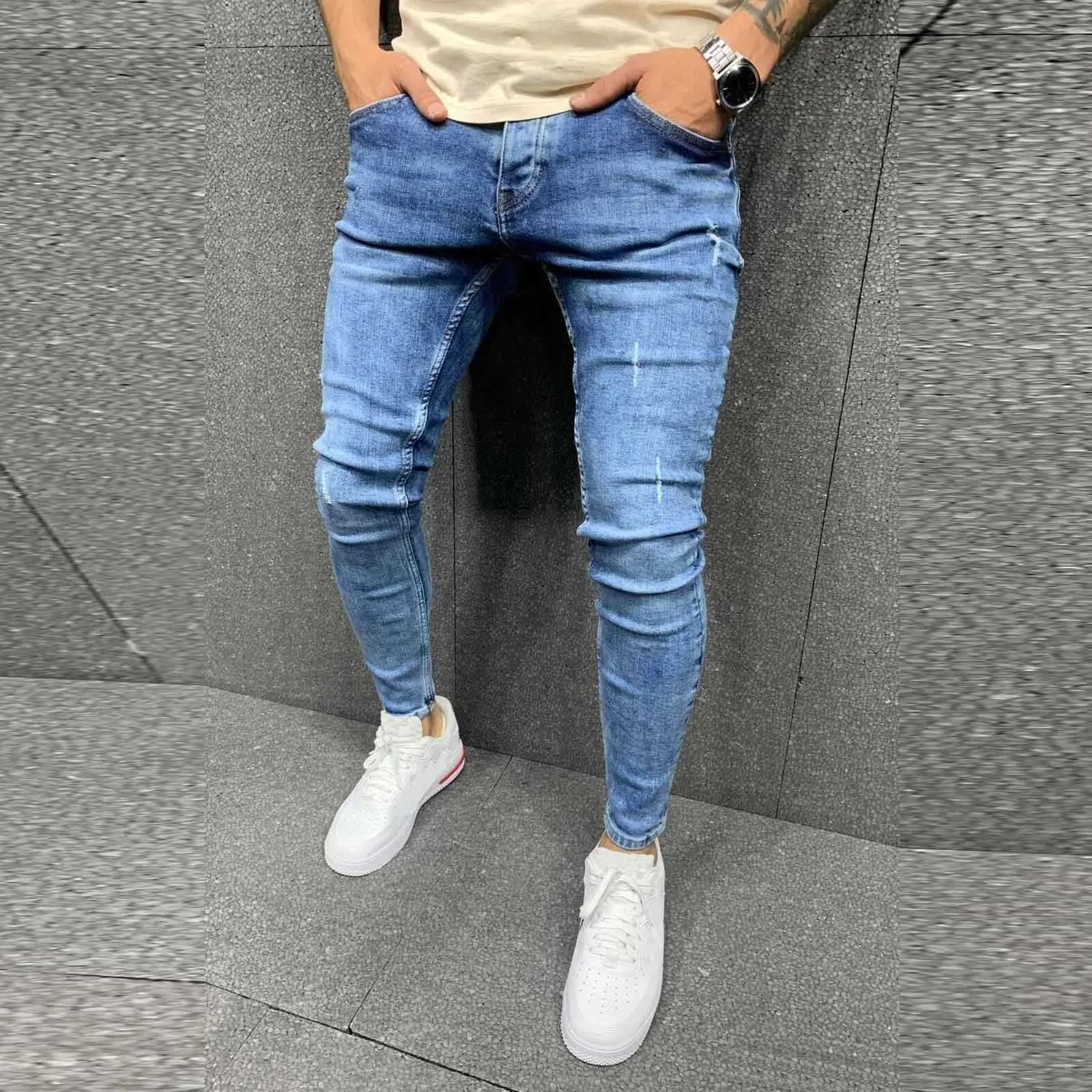 Moda homens zíper denim longo buraco buraco rasgado vintage cores sólidas hip hop estiramento alta cintura jeans skinny calças calças # 35 x0621