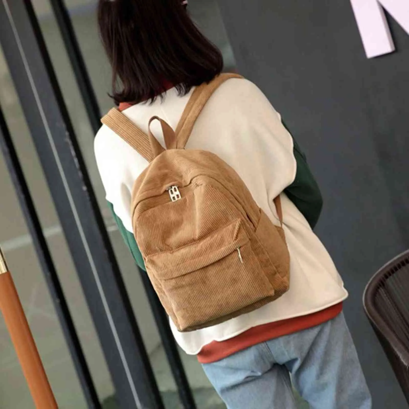 Corduroy Backpack Fashion Women School Backpack Pure Color Women Backpack Teenger Girl School Bags Female Mochila Bagpack Pack Y1105