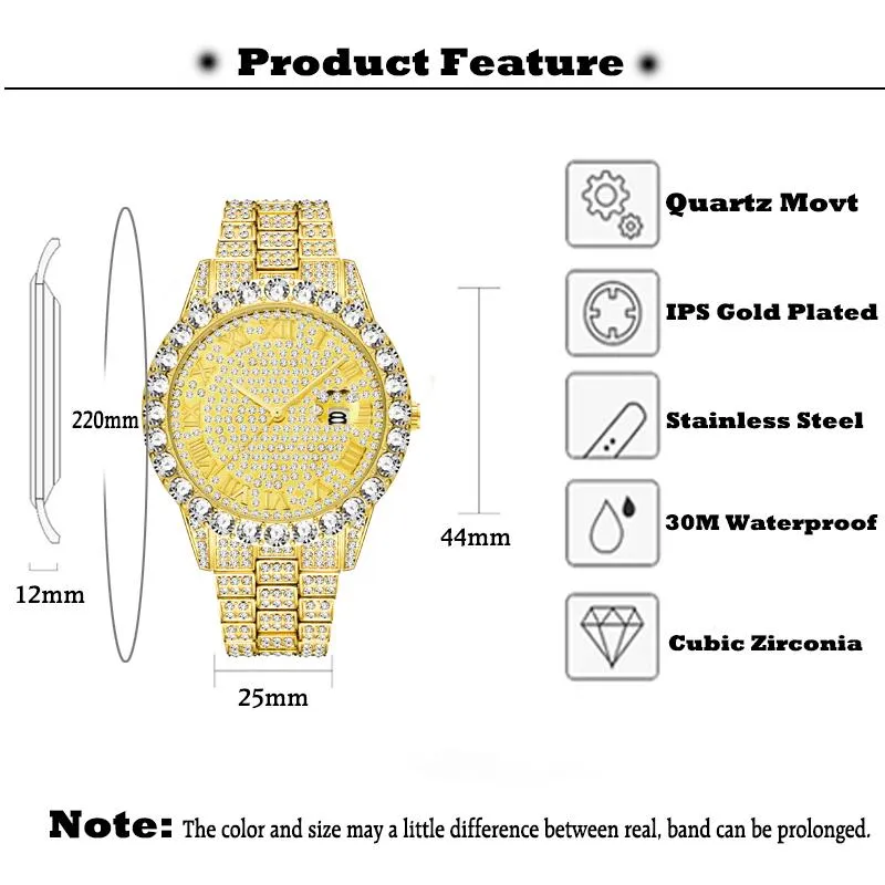 Big Diamond Gold Men Watches Calendar Platinum Icd Male Clock Quartz Movt Steel Relog Hip Hop Iced Out Watch Wristwatches231f