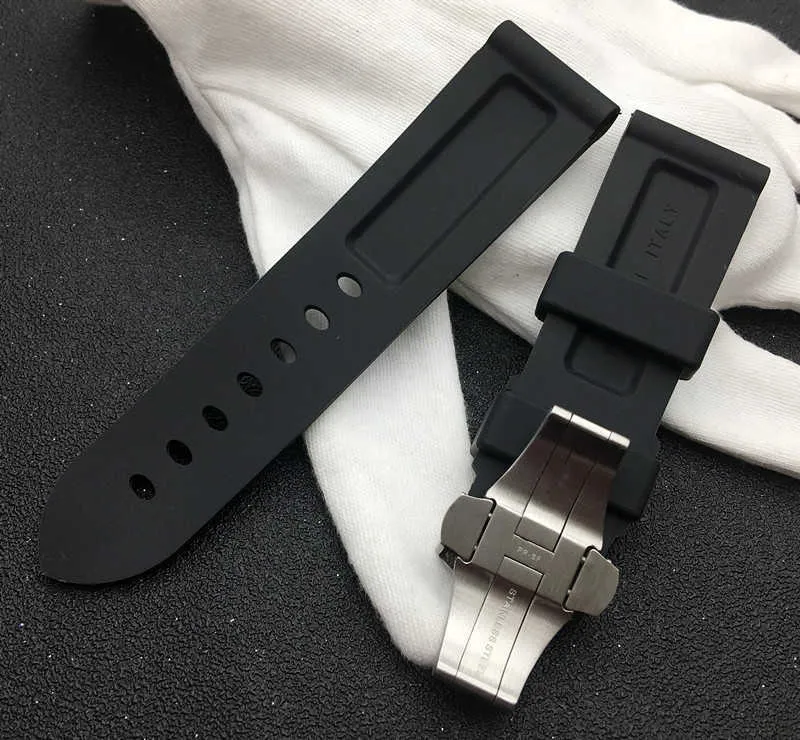 24mm Zwart Horloge Band Natuur Zachte Siliconen Rubber Horlogeband Fit voor Panerai Strap Tools Butterfly Gesp voor Pam111 / 441 Riem H0915