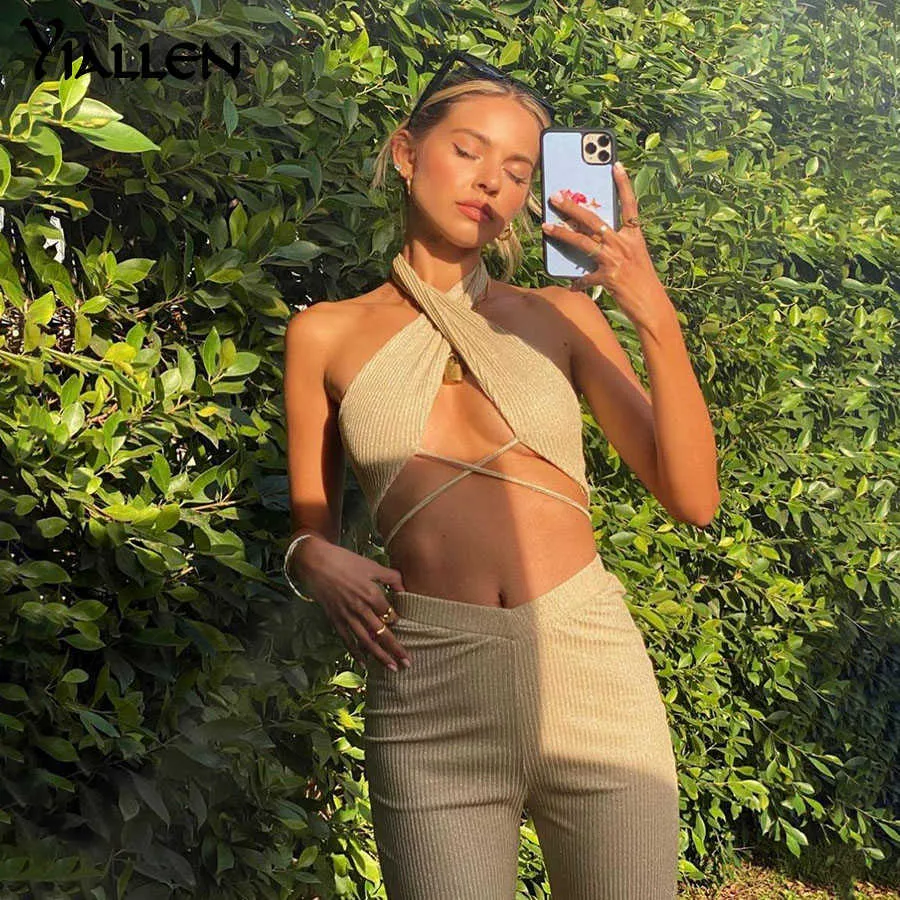 Yiallen Sexy Hollow Out Bandage Hemdje Broek Tweedelige Set Vrouwen 2021 Zomer Party Vakantie Strand Solid Rib Gebreide pak Dame Y0625