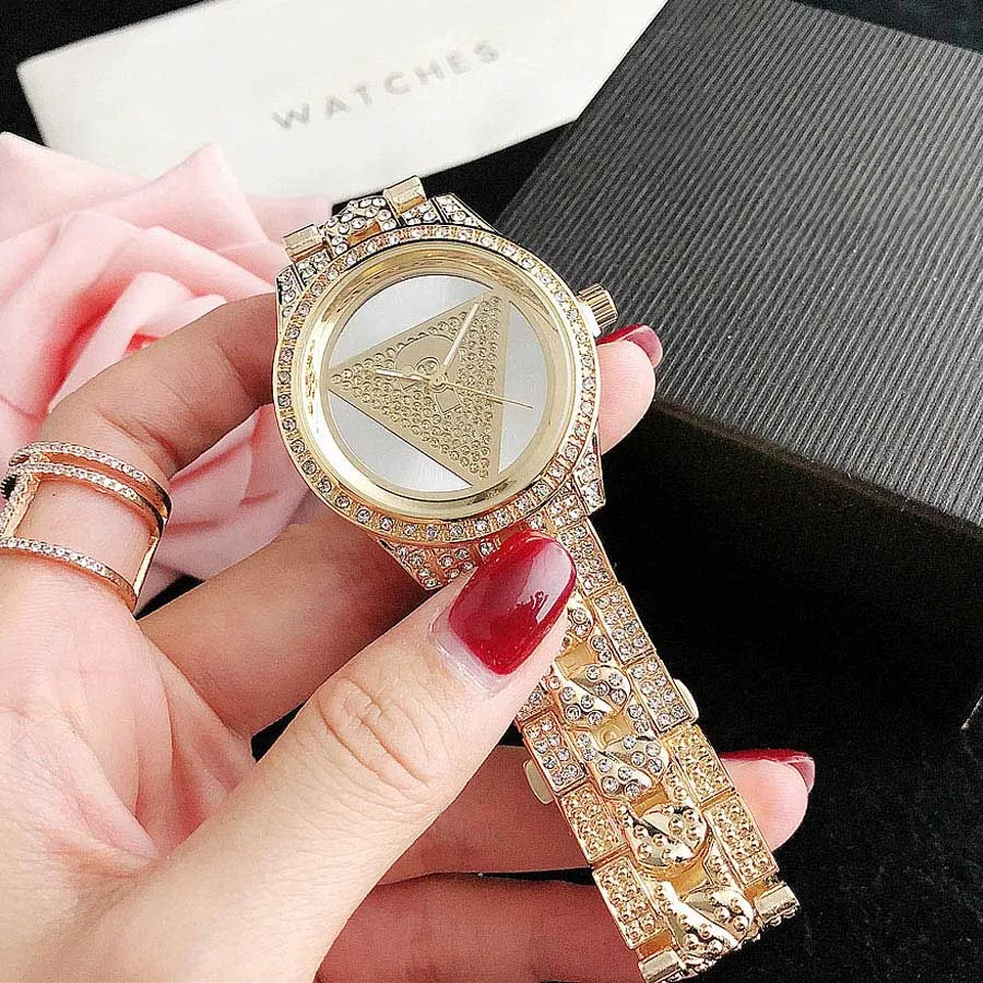 Varumärke Watches Women Lady Girl Diamond Crystal Triangle Question Mark Style Metal Steel Band Quartz Wrist Watch GS 433792851