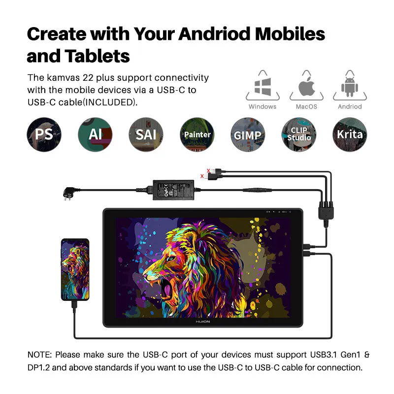 Huion 21.5 cali Kamvas 22 plus graficzny tabletki Anti-Grare Letting Glass Glass Tablets Monitor 140% SRGB Support Android MacOS Okno