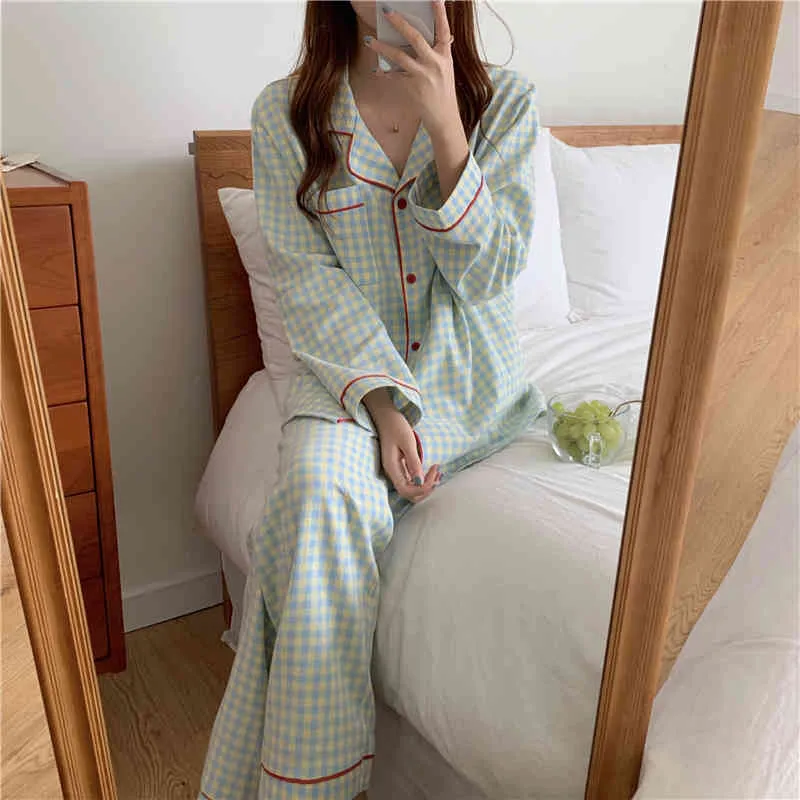 Nightwear Gentle Plaid Två Pieace Suit Varm bomull Homewear Soft Casual Loose Fashion Långärmad Pyjamas Set 210525