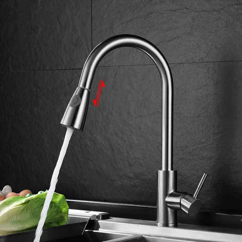 Kitchen Faucet Single Hole Pull Out Spout Mixer Tap Stream Sprayer Head Chrome 211108