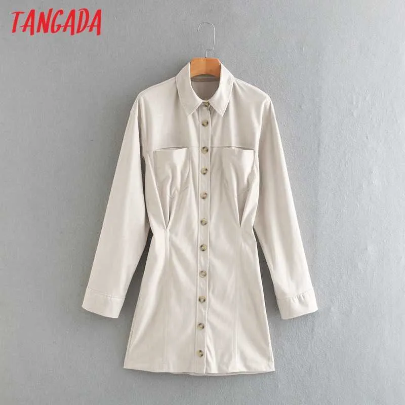 Tangada primavera moda mujer sólido Faux Suede camisa vestido bolsillo manga larga Oficina señoras Mini vestido 2XN5 210609