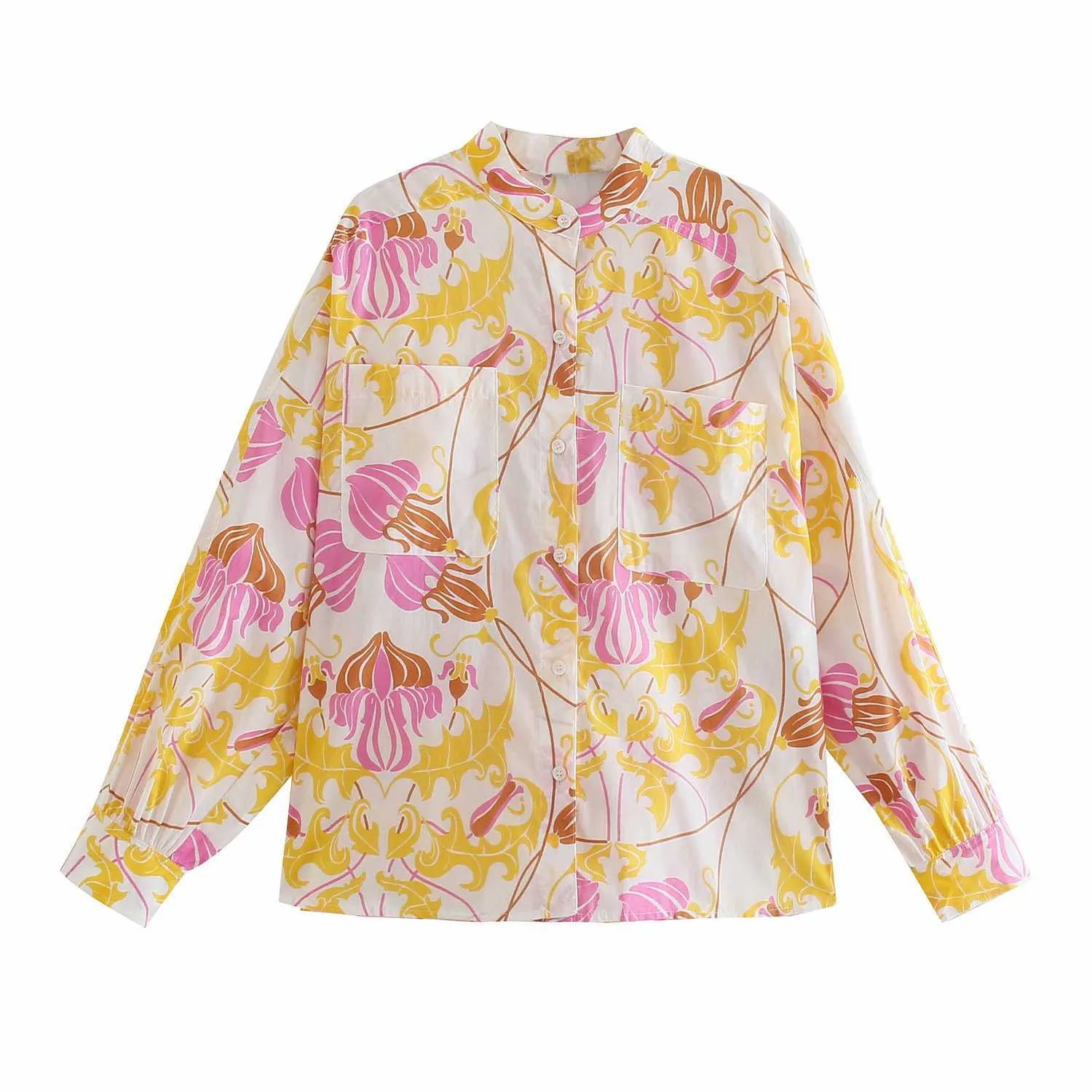 Za Vintage Print Sommer Hemd Frauen Langarm Button Up Fit Bluse Mode Side Zip Zurück Plissee Frau Casual Shirts top 210602