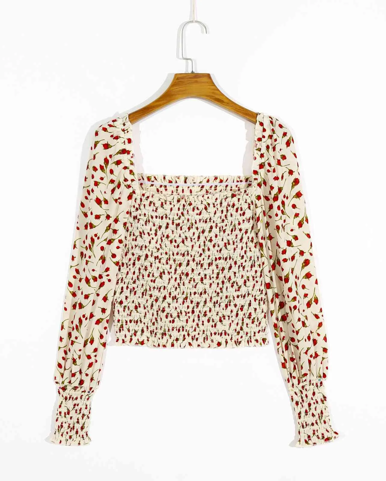 Vintage Beige Flower Rose Print Crop Shirt Kvinnor Sexig Square Neck Elastisk Rämd Kropp Slim Fit Blus Franska Eleganta Toppar 210429