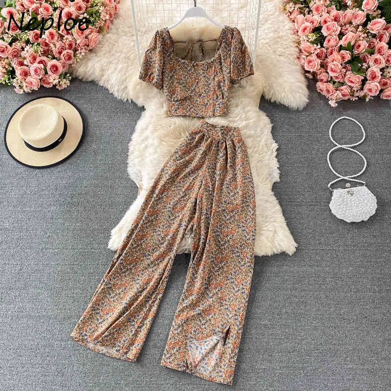 Neploe Summer Holiday Print Women Set O Neck Short Sleeve Short Top + High Waist Hip Wide Leg Pants Suit Loose Casual 210510