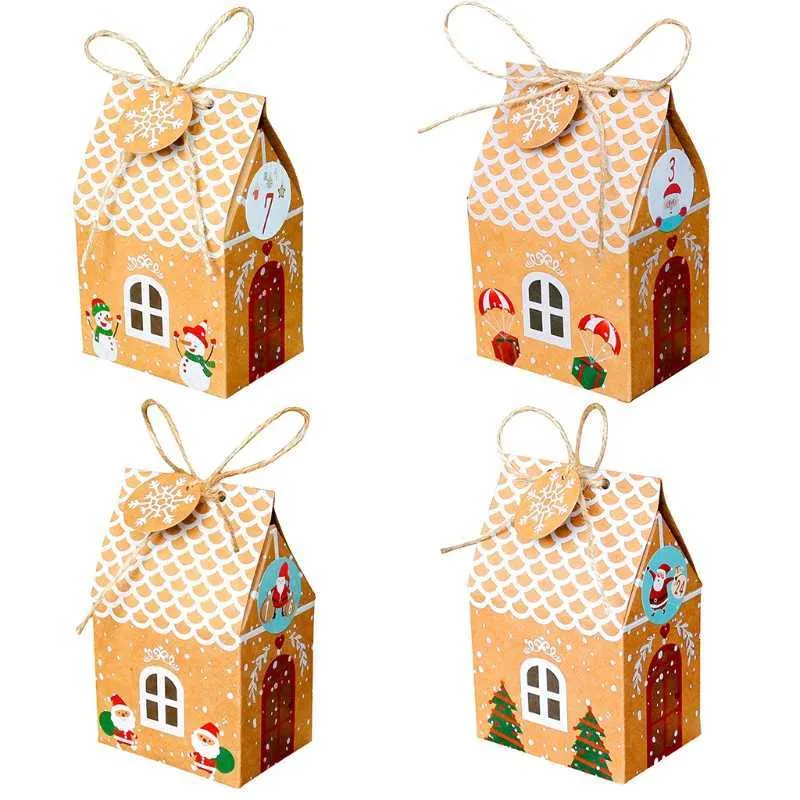 24 ensembles de boîte-cadeau de maison de Noël biscuits en papier kraft sac de bonbons étiquettes de flocon de neige 1-24 autocollants de calendrier de l'Avent corde de chanvre 211019