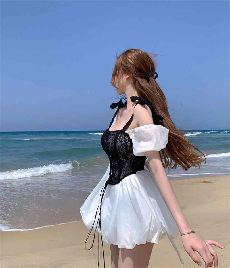 Kadınlar Vintage Kısa Puf Kollu Beyaz Mini Elbise Kapalı Omuz Retro Klasik Ince Kabarcık Elbiseler Yaz Plaj Parti Vestidos 210517