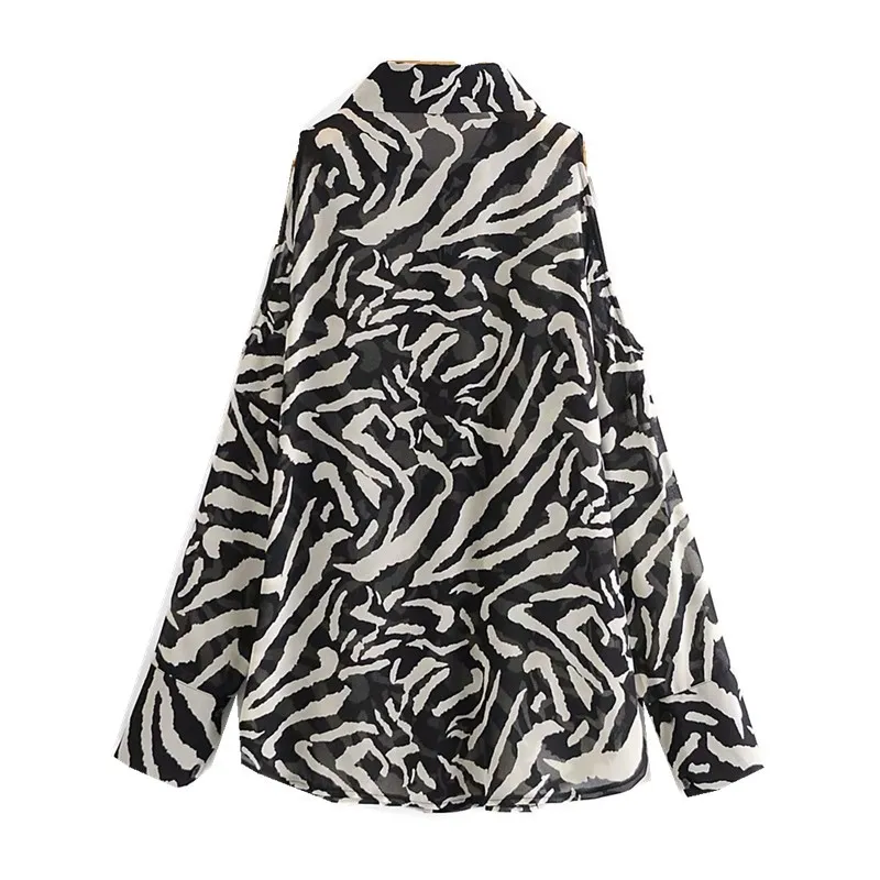 Vintage lapel kontrast färg djur zebra tryck skjorta elegant kvinna single-breasted långärmad ihålig ut axel blus toppar 210429
