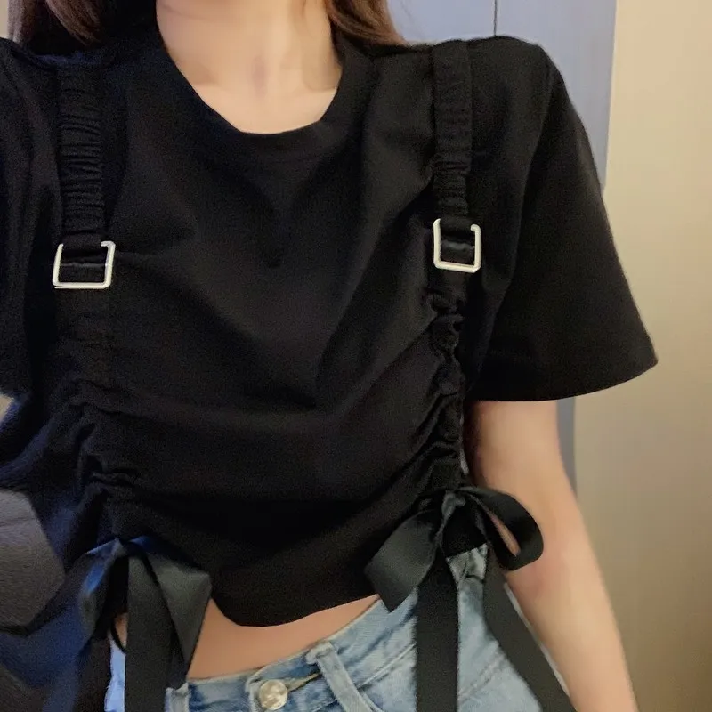 Vintage Black Bow Lace Up Gótico Crop Top Mulheres Verão Streetwear Harajuku Causal T-shirt de Manga Curta Goth Girl 210515