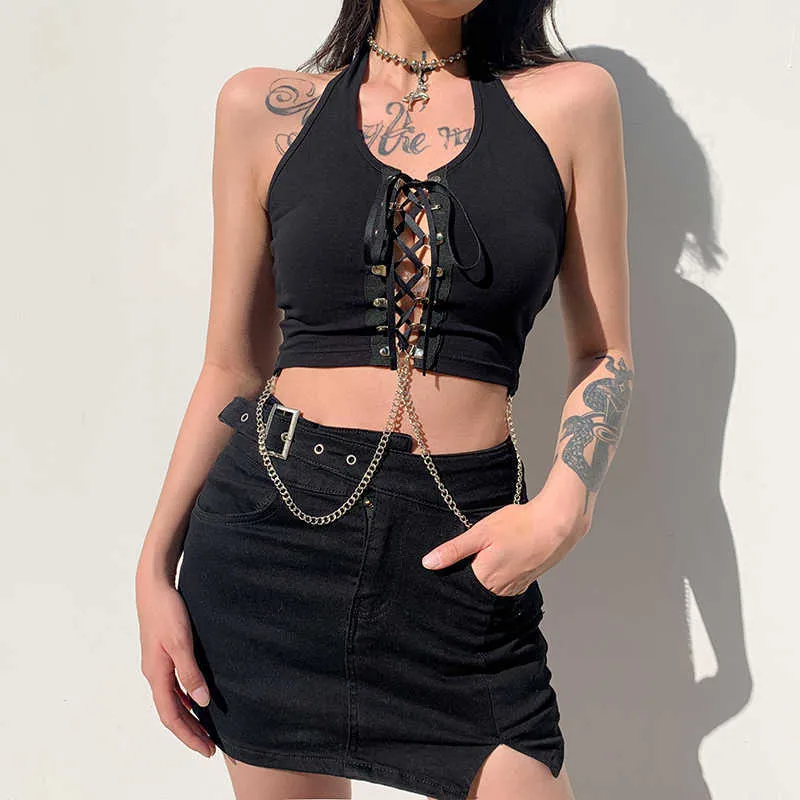 Darlingaga Streetwear Goth Punk Style Mörk Halter Top Kvinnor Lace Up Sexig Tank Top Backless Chain Vest Gothic Kläder Beskära Toppar Y0824