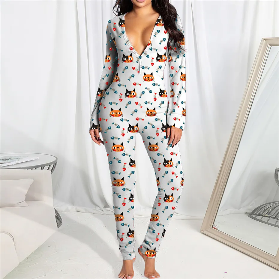 Bulk Womens Pyjamas Rompers Jumpsuits Elegant Mode Lovely Print Bodycon Skinny Långärmad V-Neck Pullover Bekväm Clubwear Sleepwear K8341