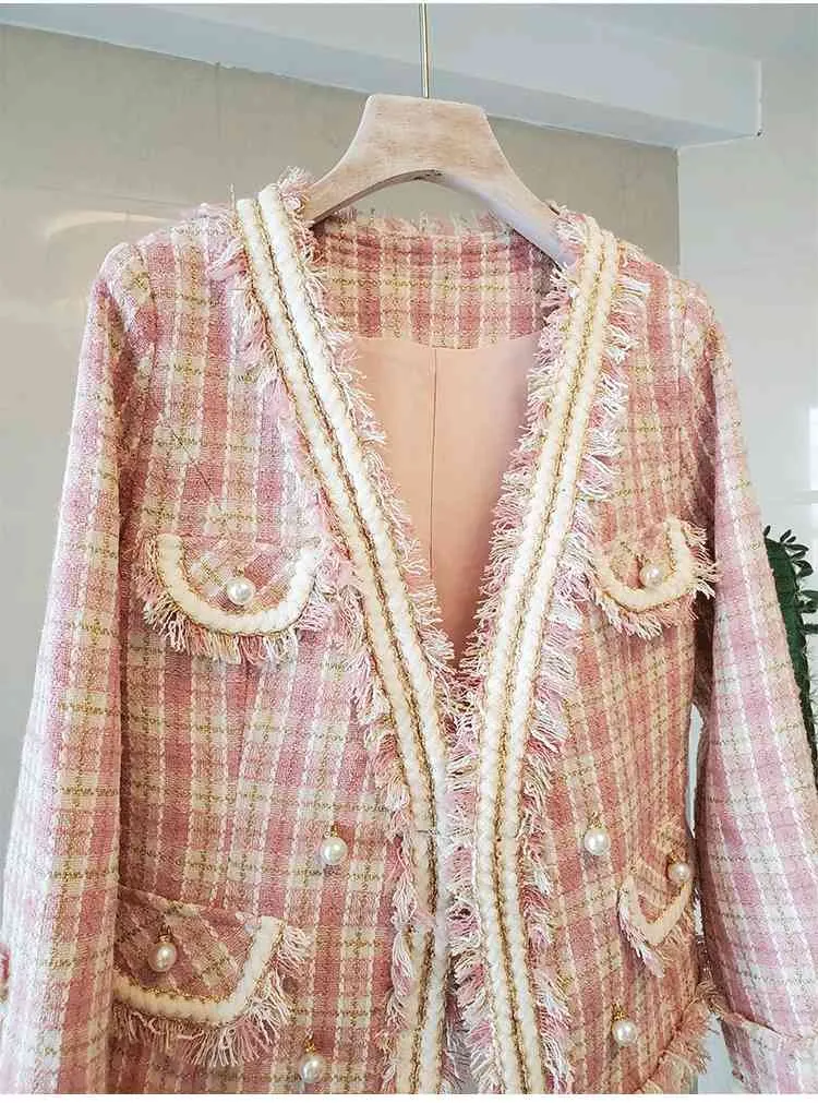 Vintage Elegancki Tweed Kobiety Płaszcz Z Długim Rękawem V-Neck Fale Podwójne Kieszenie Kurtki Koreańskie Damskie Płaszcze 210518