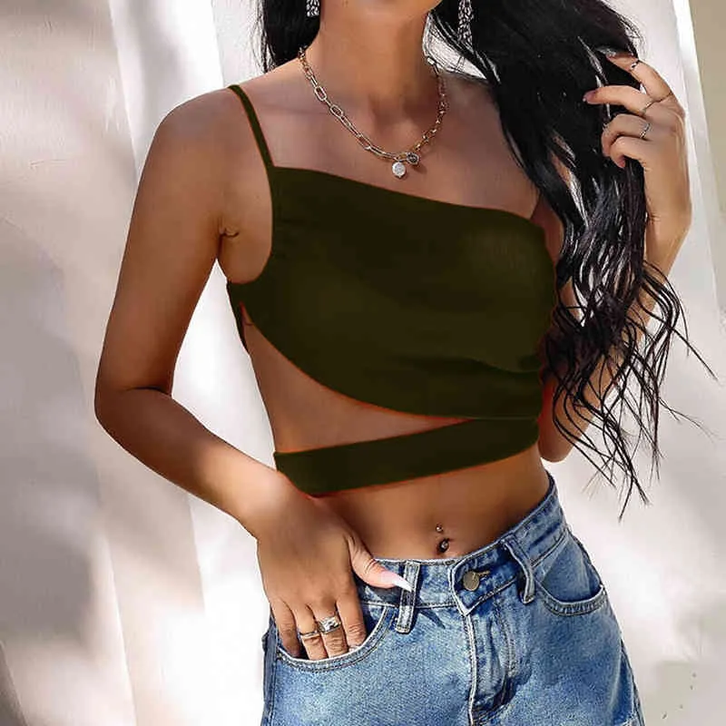 Summer Fashion Asymmetric Sexy Sleeveless Tank Top Sling Hollow Out Pullover Slim Pleated Ladies Chic Street Simple Camisole 210517