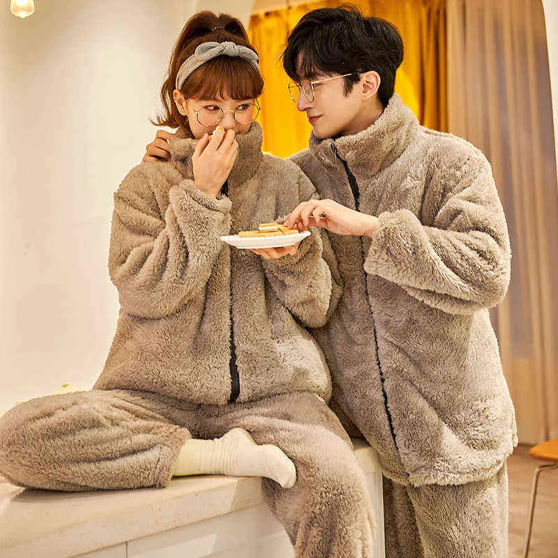 Осень зима теплый фланель на молнии пару пижамы набор женщин спать семьи Pijama Lover домашняя одежда женская женщина повседневные мужчины пижамы 211211
