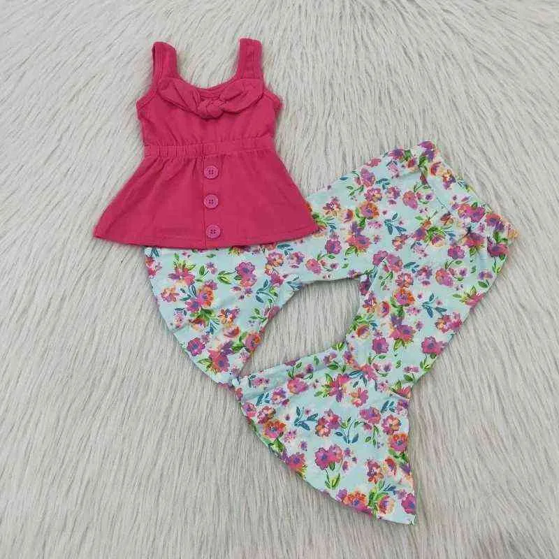 Barnkläder sätter fashionabla båge tunika klockbotten byxor ko tryck baby flickor sommarbutik barn kläder spädbarn kläder g0119