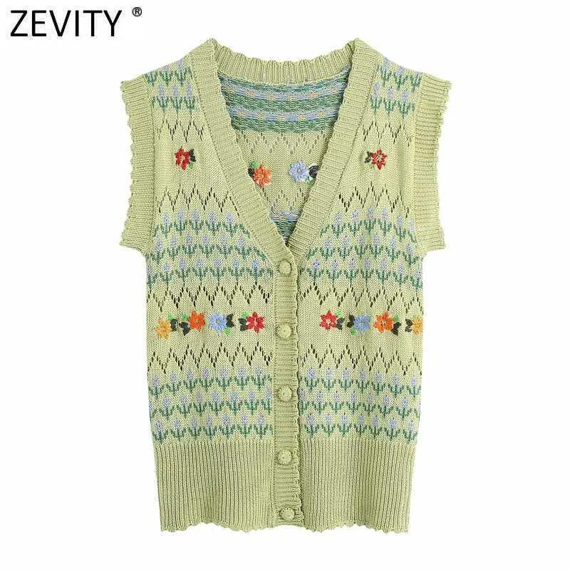 Zevity Women Fashion V Neck Floral Broderi Hollow Out Crochet Stickad Sweater Kvinna Chic Ärmlös Cardigan Vest Tops SW833 210603