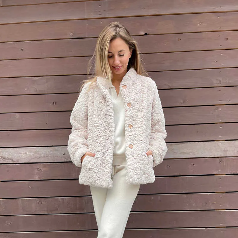 Abrigo de piel sintética de color rosa dulce para mujer, chaqueta de piel de conejo de imitación esponjosa con cuello Vintage de invierno, abrigos de piel gruesos y cálidos de talla grande 3XL 211019